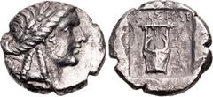 Greek LYCIA, Phaselis. Circa 84-77 BC. AR Drachm (14.5mm, 2.31 g, 12h). Pseudo-Lycian League coinage. Laureate head of Apollo right, bow and quiver over shoulder / Kithara; palm frond to right; all wi