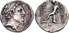 Greek SELEUKID EMPIRE. Posthumous Issues of Antiochos IV. 146/5 BC. AR Drachm (17mm, 4.03 g, 12h). Antioch on the Orontes mint. Diademed head right / Apollo, testing arrow and resting hand on bow, sea