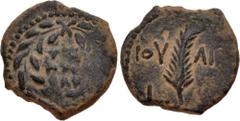 Roman Provincial JUDAEA, Procurators. Valerius Gratus. 15-26 CE. Æ Prutah (16mm, 1.78 g, 5h). In the names of Tiberius and Julia Augusta (Livia). Jerusalem mint. Dated RY 11 of Tiberius (24/5 CE). TIB