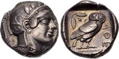 Greek ATTICA, Athens. Circa 454-404 BC. AR Tetradrachm (24.5mm, 17.14 g, 1h). Helmeted head of Athena right, with frontal eye / Owl standing right, head facing; olive spray and crescent to left; all w