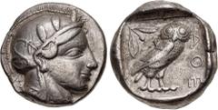 Greek ATTICA, Athens. Circa 454-404 BC. AR Tetradrachm (24mm, 17.12 g, 1h). Helmeted head of Athena right, with frontal eye / Owl standing right, head facing; olive spray and crescent to left; all wit