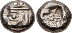Greek LYCIA, Phaselis. Circa 530-500 BC. AR Stater (18mm, 10.99 g). Prow of galley left, terminating in a boar's forepart / Incuse square divided by two bands, with Λ-shaped feature in one section. He