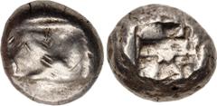 Greek LYCIA, Phaselis. Circa 530-500 BC. AR Stater (17mm, 11.14 g). Prow of galley left, terminating in a boar's forepart / Incuse square divided by two bands, with Λ-shaped feature in one section. He