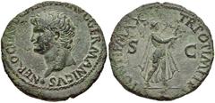 Nero. AD 54-68. Æ As (29mm, 10.69 g, 6h). Lugdunum (Lyon) mint. Struck circa AD 65. Bare head left, globe at point of neck / Emperor, as Apollo Citharoedus, advacing right, holding lyre. RIC I 417. VF