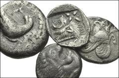 GREEK. Miscellaneous. AR Fractions. Includes: Ionia, Klazomenai. Diobol. Forepart of winged boar right / Quadripartite incuse square // Mysia, Kyzikos. Obol. Forepart of running boar left; behind, tun