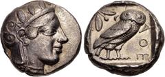 Greek ATTICA, Athens. Circa 454-404 BC. AR Tetradrachm (24mm, 17.17 g, 10h). Helmeted head of Athena right, with frontal eye / Owl standing right, head facing; olive spray and crescent to left; all wi
