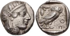 Greek ATTICA, Athens. Circa 454-404 BC. AR Tetradrachm (23mm, 17.17 g, 1h). Helmeted head of Athena right, with frontal eye / Owl standing right, head facing; olive spray and crescent to left; all wit