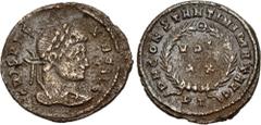 Roman Imperial Crispus. Caesar, AD 316-326. Æ Follis (19mm, 2.69 g, 4h). Ticinum mint, 1st officina. Struck AD 320-321. CRISPVS NOB CAES, laureate head right / D N CONSTANTINI MAX AVG, VOT/ XX in two 