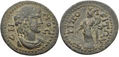 LYDIA, Tripolis. Pseudo-autonomous issue. Late 2nd-early 3rd centuries AD. Æ 25mm (6.60 g, 6h). Draped bust of Demos right / Tyche standing facing, head left, holding rudder and cornucopia. SNG Copenh