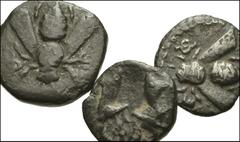 GREEK. Asia Minor. AR of Ionia, Ephesos. All coins: AR Diobols. Bee / Two stags’ heads face to face. SNG Copenhagen 242-3 (2) // AR Hemidrachm. Bee / Incuse square. SNG Copenhagen 212. Fine, find pati