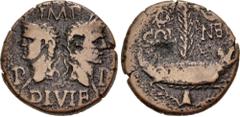 Roman Provincial GAUL, Nemausus. Augustus, with Agrippa. 27 BC-AD 14. Æ As (25mm, 10.84 g, 12h). Head of Agrippa left, wearing rostral crown, and head of Augustus right, wearing oak wreath, back to ba