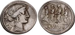 Roman Republican M. Junius Brutus. 54 BC. AR Denarius (20mm, 3.59 g, 6h). Rome mint. Head of Libertas right / The consul L. Junius Brutus walking left between two lictors and preceded by an accensus; 
