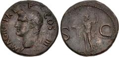 Roman Imperial Agrippa. Died 12 BC. Æ As (27mm, 10.89 g, 6h). Rome mint. Struck under Gaius (Caligula), AD 37-41. Head left, wearing rostral crown / Neptune standing left, holding dolphin and trident.