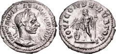Roman Imperial Macrinus. AD 217-218. AR Denarius (19mm, 2.24 g, 6h). Rome mint, 3rd officina. 1st emission, AD 217. Laureate and cuirassed bust right / Jupiter standing left, holding thunderbolt and s