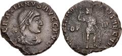 Roman Imperial Gratian. AD 367-383. Æ (17.5mm, 2.37 g, 1h). Arelate (as Constantia) mint, 3rd officina. Struck AD 367-375. [D N] GRATIANVS AVGG AVG, laureate and cuirassed bust right / [GLORI]A NO–VI 