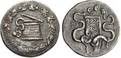 LYDIA, Sardes. Circa 166-67 BC. AR Tetradrachm (27mm, 12.88 g, 12h). Cistophoric type. Struck circa 150-135 BC. Cista mystica with serpent; all within ivy wreath / Bowcase with serpents; thyrsos to ri
