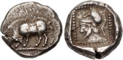 Greek DYNASTS of LYCIA. Uncertain dynast. Circa 490/80-440/30 BC. AR Third Stater (13.5mm, 2.83 g, 9h). Boar standing left / Helmeted head of Ares left in dotted square within incuse square. Müseler I