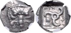 Greek DYNASTS of LYCIA. Mithrapata. Circa 390-370 BC. AR Sixth Stater. Uncertain mint. Lion scalp facing / Triskeles; astragalos in one section; all within incuse square. Müseler VII, 83; Traité II 45