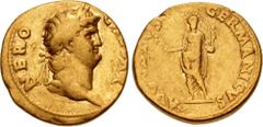 Roman Imperial Nero. AD 54-68. AV Aureus (18mm, 6.52 g, 6h). Rome mint. Struck circa AD 64-65. NERO CAESAR, laureate head right / AVGVSTVS GERMANICVS, Nero, radiate and togate, standing facing, holdin
