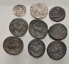 Large Lots MIXED. Greek–World. Lot of nine (9) silver and bronze issues. Includes: GREEK: Ionia, Kolophon. Æ (6) // Dynasts of Lycia. Mithrapata. AR 1/6 Stater // ROMAN REPUBLICAN: Anonymous. Æ Quadra