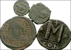 BYZANTINE. Æ of Justin I and Justinian I. Includes: Justin I. Æ Follis. Constantinople mint. Bust right / Large M. SB 62 // Justinian I. Constantinople mint. Æ Follis. Bust facing / Large M. SB 163 //