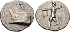 Greek KINGS of MACEDON. Demetrios I Poliorketes. 306-283 BC. AR Tetradrachm (27.5mm, 17.13 g, 12h). Salamis mint(?). Struck circa 300-295 BC. Nike, blowing trumpet and holding stylis, standing left on