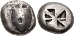 Greek ISLANDS off ATTICA, Aegina. Circa 525-480 BC. AR Stater (18.5mm, 11.90 g). Sea turtle, head in profile, with thin collar and [row of dots down its back] / Incuse square with mill-sail pattern. M
