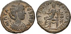 Roman Provincial PHRYGIA, Ancyra. Otacilia Severa. Augusta, AD 244-249. Æ (26.5mm, 8.16 g, 5h). P. Arruntius Zoilos, first archon for the second time. Draped bust right, wearing stephane / Cybele seat
