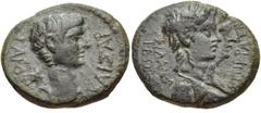 LYDIA, Philadelphia. Gaius (Caligula). AD 37-41. Æ 18mm (3.74 g, 12h). Epikrates, magistrate. Bare head of Caligula right; star behind / Laureate, conjoined busts of the Dioskouroi right. RPC I 3022. 