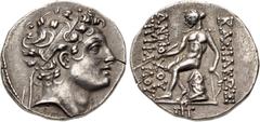 Greek SELEUKID EMPIRE. Posthumous Issues of Antiochos IV. 146/5 BC. AR Drachm (17mm, 4.06 g, 12h). Antioch on the Orontes mint. Diademed head right / Apollo, testing arrow and placing hand on grounded