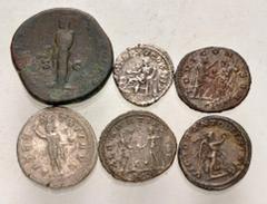 Large Lots ROMAN. Imperial. Lot of six (6) AR and Æ denominations. Includes: Æ sestertius of Septimius Severus and denarius of Caracalla. Remainder are one antoninianus each of Elagabalus, Gordian II 