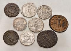 Large Lots MIXED. Greek to Roman Imperial. Lot of eight (9) AR and Æ denominations. Includes: One drachm of Dyrrhachion, four denarii of the Severan dynasty (one each of Caracalla, Plautilla, Geta, an