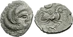 CELTIC, Northwest Gaul. Coriosolites. Circa 100-50 BC. BI Stater (6.68 g, 3h). Celtic head right, hair in large spiral curls, S-like ear / Celticized rider on horseback right; quadripartite square orn