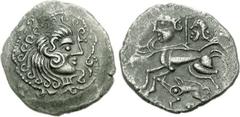 CELTIC, Northwest Gaul. Veneti. Circa 100-50 BC. BI Stater (4.64 g, 9h). Celtic head right within ornate border / Celicized biga left, rider devolved into creature above human-headed horse; below, boa