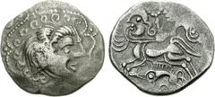CELTIC, Northwest Gaul. Veneti. Circa 100-50 BC. BI Stater (6.20 g, 6h). Celtic head right within ornate border / Celicized biga left, rider devolved into creature above human-headed horse; below, boa