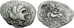 CELTIC, Northwest Gaul. Veneti. Circa 100-50 BC. BI Stater (5.67 g, 12h). Celtic head right within ornate border / Celicized biga left, rider devolved into creature above human-headed horse; spiral or