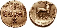 CELTIC, Britain. Atrebates & Regni. Verica. Circa AD 10-40. AV Quarter Stater (1.30 g, 6h). Calleva mint. VERIC/COMF, [crescent above], star below / Horse standing right, raising foreleg; star above, 