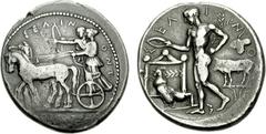 SICILY, Selinos. Circa 455-409 BC. AR Tetradrachm (16.97 g, 1h). Artemis, holding reins, driving quadriga left; beside her, Apollo standing left, drawing bow / Selinos standing left, holding palm fron