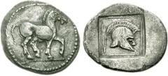 KINGS of MACEDON. Alexander I. 498-454 BC. AR Light Tetrobol (2.02 g, 5h). Aigai mint. Struck circa 480/79-477/6 BC. Horse standing right / Helmet right in linear square within shallow incuse square. 