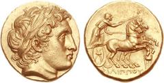 KINGS of MACEDON. Philip II. 359-336 BC. AV Stater (8.60 g, 1h). Kolophon mint. Struck under Philip III, circa 323-319 BC. Laureate head of Apollo right, with the features of Alexander III / Chariotee