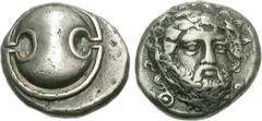 BOEOTIA, Thebes. Circa 405-395 BC. AR Stater (12.02 g). Boeotian shield / Facing head of bearded Dionysos facing slightly right, wearing ivy wreath; Θ-E across lower field; all within concave incuse. 