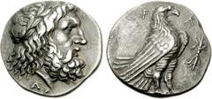 ELIS, Olympia. 128th-132nd Olympiad. 268-252 BC. AR Stater (11.92 g, 6h). Laureate head of Zeus right; AP below neck / Eagle with closed wings standing right; vertical thunderbolt to right. Seltman, T