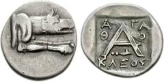 ARGOLIS, Argos. Circa 90-50 BC. AR Triobol (2.23 g, 2h). Agathokles, magistrate. Forepart of wolf at bay right / Large A; A-ΓA/Θ-O/KΛEOΣ in three lines around; below crossbar, harpa right; all within 