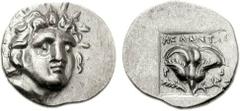 ISLANDS off CARIA, Rhodos. Rhodes. Circa 125-88 BC. AR Hemidrachm (1.53 g, 12h). ‘Plinthophoric’ coinage. Melantas, magistrate. Radiate head of Helios facing slightly right / Rose with bud to right; M