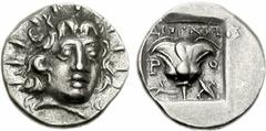 ISLANDS off CARIA, Rhodos. Rhodes. Circa 125-88 BC. AR Hemidrachm (1.48 g, 12h). ‘Plinthophoric’ coinage. Diognetos, magistrate. Radiate head of Helios facing slightly right / Rose with bud to left; Δ