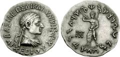 BAKTRIA, Indo-Greek Kingdom. Archebios. Circa 75-65 BC. AR Tetradrachm (9.56 g, 12h). Diademed and draped bust right / Zeus standing facing, brandishing thunderbolt and holding long scepter; monogram 