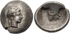 Greek DYNASTS of LYCIA. Kherei(?). Circa 410-390 BC. AR Sixteenth Stater(?) – Tritetartemorion(?) (8mm, 0.44 g, 3h). Head of female(?) right, wearing tainia and necklace / Head of bearded male left, w