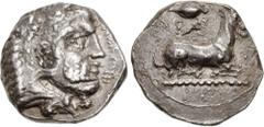 Greek CYPRUS, Salamis. Evagoras I. Circa 411-374/3 BC. AR Stater (21mm, 10.95 g, 8h). Bearded head of Herakles right, wearing lion skin; e u wa ko ro (in Cypriot) to right / Ram couchant right; barley