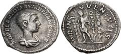 Roman Imperial Diadumenian. As Caesar, AD 217-218. AR Denarius (20mm, 2.39 g, 6h). Rome mint. 2nd emission of Macrinus, AD 217-218. Bareheaded, draped, and cuirassed bust right / Diadumenian standing 
