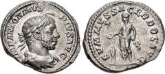 Roman Imperial Elagabalus. AD 218-222. AR Denarius (19mm, 3.15 g, 11h). Rome mint. Struck AD 221-222. Laureate and draped bust right, wearing horn and beard / SVMMVS SACERDOS AVG, Elagabalus standing 